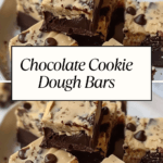 Stack of chocolate cookie dough bars with a rich fudge base and thick edible cookie dough layer topped with chocolate chips.