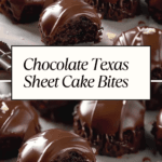 Glossy chocolate-covered Texas sheet cake bites on parchment paper, with one bitten to reveal the moist, rich interior.