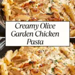 Close-up of creamy penne pasta topped with sliced grilled chicken and grated Parmesan in a black serving dish.