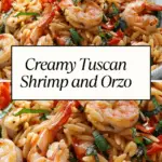 A bowl of creamy Tuscan shrimp and orzo pasta with basil, sun-dried tomatoes, and spinach, shown with a title overlay reading “Creamy Tuscan Shrimp and Orzo.