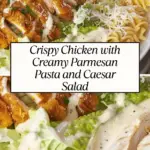 A plate of crispy chicken served over creamy Parmesan pasta with fresh Caesar salad, drizzled with Caesar dressing and topped with Parmesan cheese.
