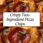 A close-up of crispy two-ingredient pizza chips made with melted cheese and pepperoni, garnished with fresh basil, with text overlay.