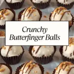 White chocolate–coated Butterfinger balls drizzled with milk chocolate and sprinkled with crushed candy in brown mini cupcake liners