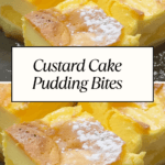 Golden custard cake pudding bites with creamy layers and sponge-like texture, dusted with powdered sugar and labeled “Custard Cake Pudding Bites.