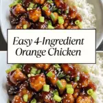 A bowl of Easy 4-Ingredient Orange Chicken served with white rice. The crispy chicken nuggets are glazed in a shiny, sweet-and-savory orange sauce and topped with sesame seeds and chopped green onions. A sliced orange and fresh scallions sit nearby, adding a pop of freshness and color. The dish looks vibrant, saucy, and perfect for a quick homemade takeout meal.