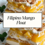 A slice of Filipino mango float with layers of graham crackers, sweetened cream, and ripe mangoes, topped with toasted coconut flakes.