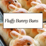 A baking tray filled with golden-brown bunny-shaped bread rolls, featuring chocolate chip eyes and almond slice noses.