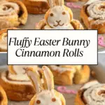 Iced cinnamon rolls shaped like bunnies with cute faces and ears, topped with sweet icing, shown on a tray with the text “Fluffy Easter Bunny Cinnamon Rolls.