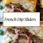 Juicy French dip sliders with tender roast beef, melted cheese, and caramelized onions on buttery Hawaiian rolls, served with au jus.