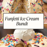 A Funfetti Ice Cream Bundt Cake with colorful sprinkles, creamy vanilla glaze, and a scoop of ice cream on top, sliced to reveal its festive layers.