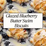Golden blueberry butter swim biscuits drenched in creamy glaze, with text overlay reading “Glazed Blueberry Butter Swim Biscuits