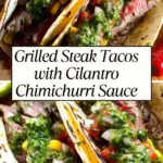 Grilled steak tacos filled with medium-rare flank steak, topped with cilantro chimichurri, diced tomato, onion, corn, and served in charred tortillas.