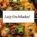 Cheesy baked lazy enchiladas topped with jalapeños, cherry tomatoes, and cilantro in a casserole dish.