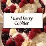 A warm mixed berry cobbler topped with golden biscuit crumbles, fresh raspberries, and blackberries, served in a ceramic dish.