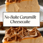 A rich and creamy no-bake Caramilk cheesecake with a buttery biscuit crust, topped with caramel drizzle and chocolate swirls.