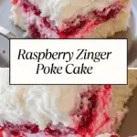 A slice of Raspberry Zinger Poke Cake with layers of moist white cake, raspberry filling, whipped frosting, and shredded coconut.