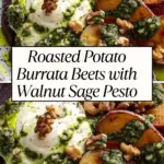 Close-up of roasted potato slices, vibrant beets, creamy burrata, walnut sage pesto, and chopped walnuts, with a text overlay reading “Roasted Potato Burrata Beets with Walnut Sage Pesto.