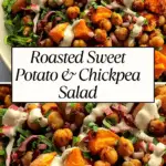 A vibrant salad bowl filled with roasted sweet potatoes, chickpeas, arugula, red cabbage, and creamy herb dressing.