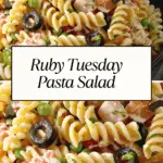 A close-up of Ruby Tuesday-inspired pasta salad featuring rotini pasta, peas, green bell peppers, black olives, and a creamy ranch-mayo dressing.