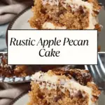 A slice of rustic apple pecan cake with creamy frosting, chopped pecans, and a drizzle of caramel on a dessert plate.