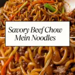 Stir-fried beef chow mein noodles with ground beef, carrots, scallions, and bean sprouts in a glossy sauce inside a wok