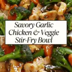 Colorful stir-fry bowl with chicken, broccoli, carrots, mushrooms, and snap peas over rice, topped with sesame seeds.