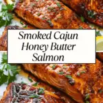 Smoked Cajun honey butter salmon fillets with a rich glaze, garnished with fresh herbs and served with lemon wedges.