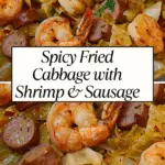 A hearty skillet dish with tender shrimp, sliced sausage, and sautéed cabbage, seasoned with spices and garnished with fresh herbs.