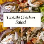 A fresh Tzatziki Chicken Salad with grilled chicken, cherry tomatoes, cucumbers, red onions, and creamy tzatziki dressing, served in a bowl.