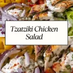 A fresh Tzatziki Chicken Salad with grilled chicken, cherry tomatoes, cucumbers, red onions, and creamy tzatziki dressing, served in a bowl.