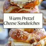 Stack of warm pretzel cheese sandwiches with sesame seeds and melted Swiss cheese oozing between golden soft pretzels