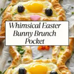 Easter bunny-shaped puff pastry filled with scrambled eggs and spinach, topped with a sunny-side-up egg and olive eyes.