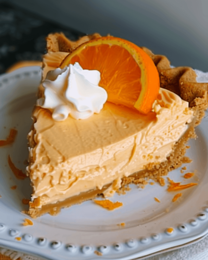A slice of no-bake orange creamsicle pie topped with whipped cream and a fresh orange wedge.