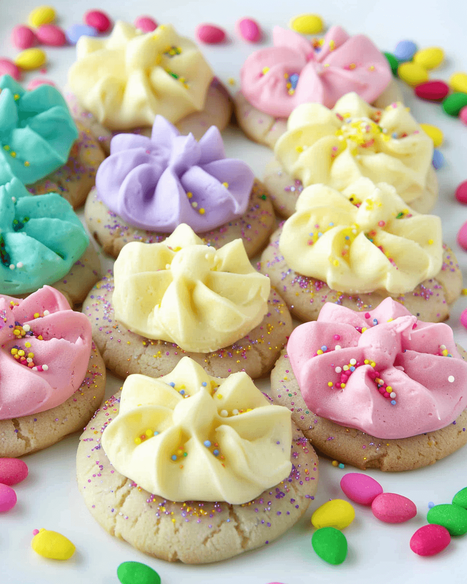 Soft sugar cookies decorated with pastel-colored frosting, sprinkles, and sanding sugar, surrounded by colorful candy.
