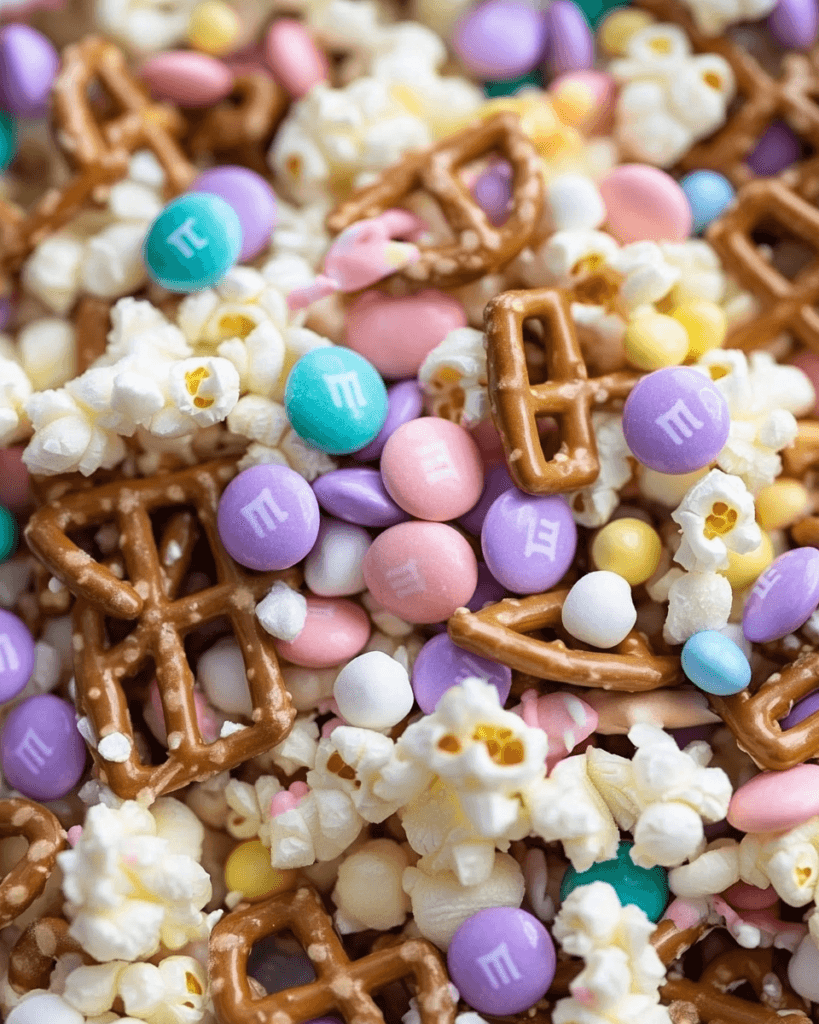 A colorful mix of popcorn, pretzels, pastel M&M's, and candy-coated chocolates, perfect for Easter snacking.