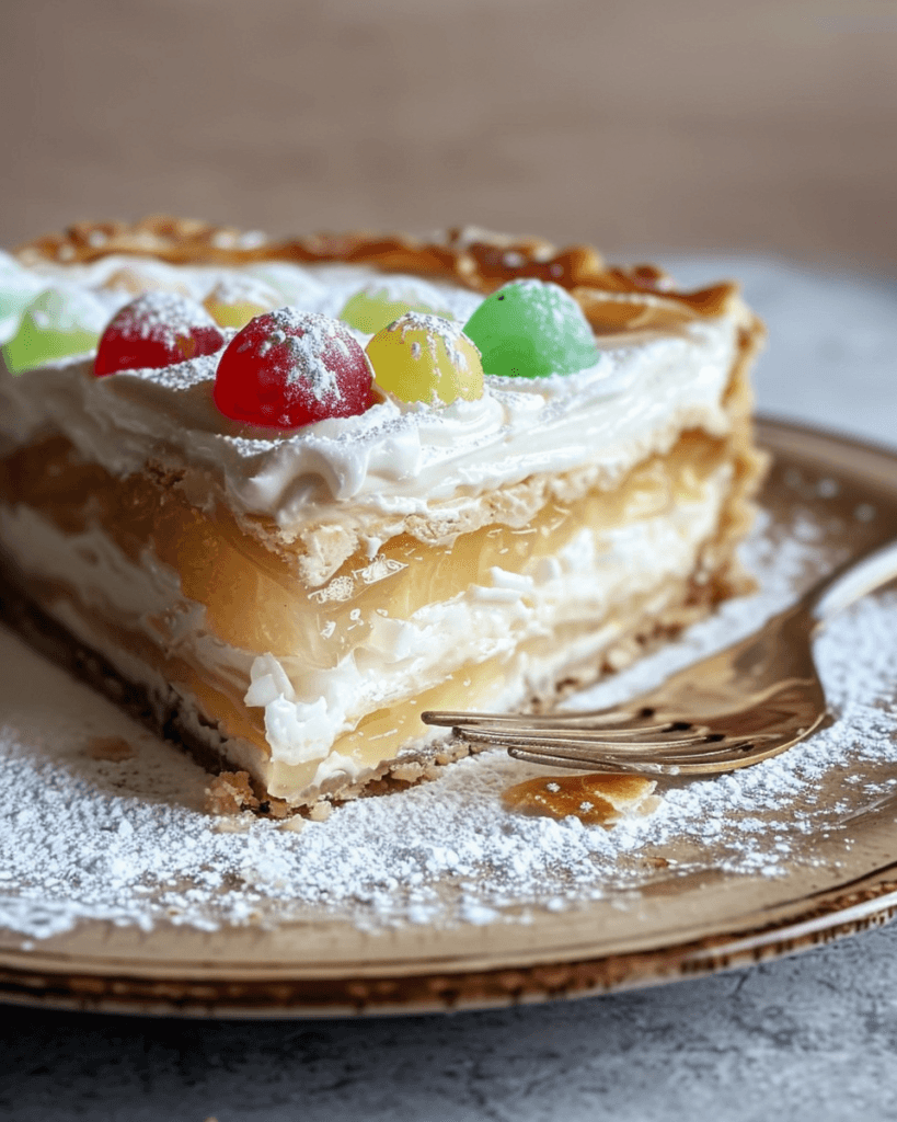 A slice of Easter Jell-O Pie with creamy layers, fruity Jell-O filling, a flaky crust, and colorful gumdrop toppings, dusted with powdered sugar.