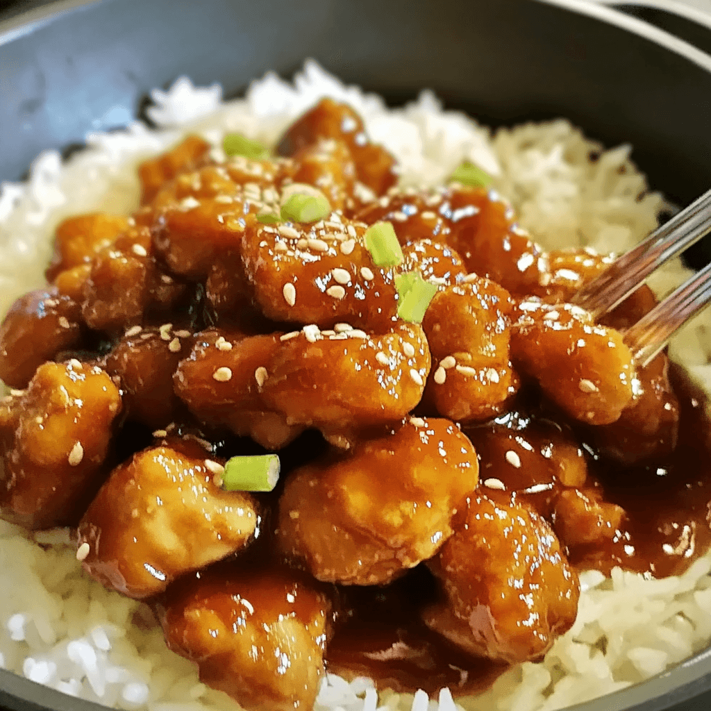 A bowl of white rice topped with sticky orange chicken, garnished with sesame seeds and chopped green onions.