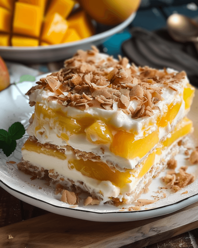 A slice of Filipino mango float with layers of graham crackers, sweetened cream, and ripe mangoes, topped with toasted coconut flakes.