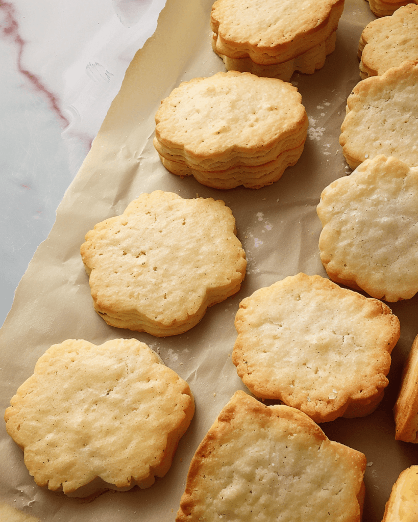 Golden, flaky biscuits made with three ingredients, stacked neatly on parchment paper. Title: Flaky 3-Ingredient Biscuits