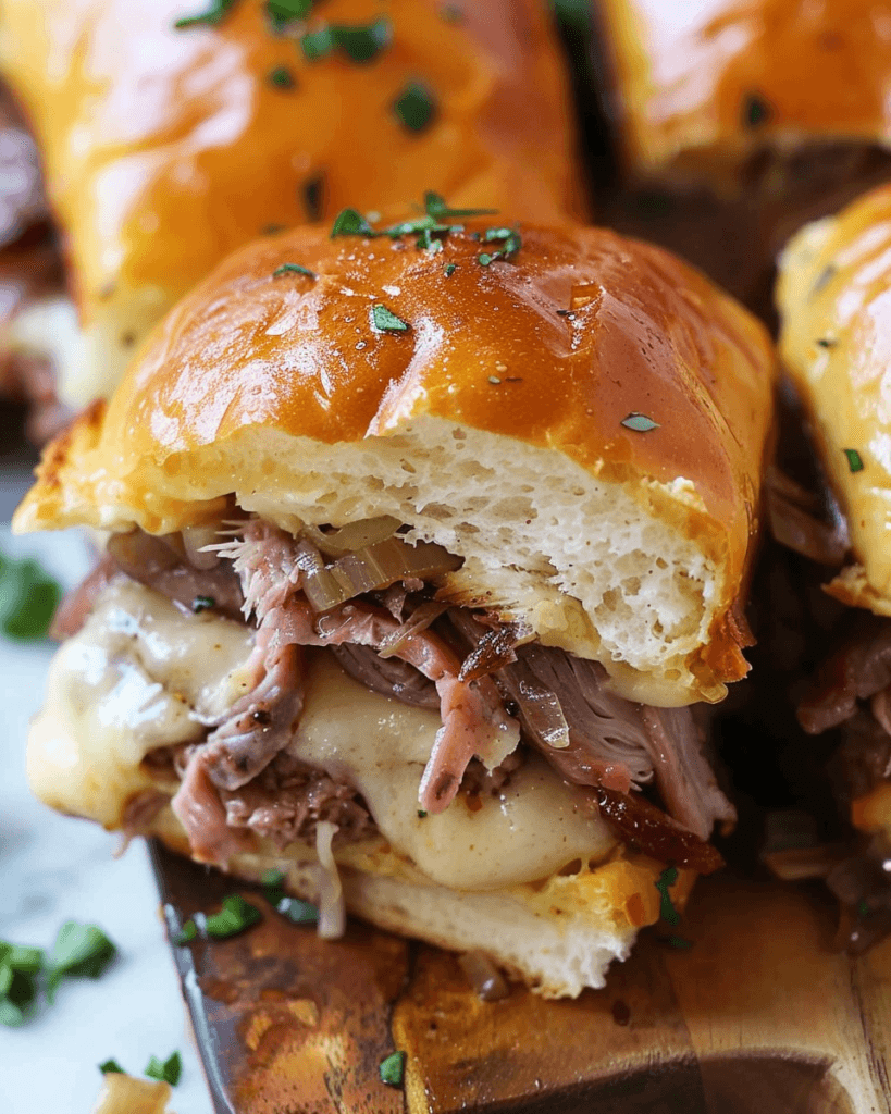 A close-up of French dip sliders made with Hawaiian rolls, roast beef, melted cheese, and caramelized onions, topped with fresh herbs.