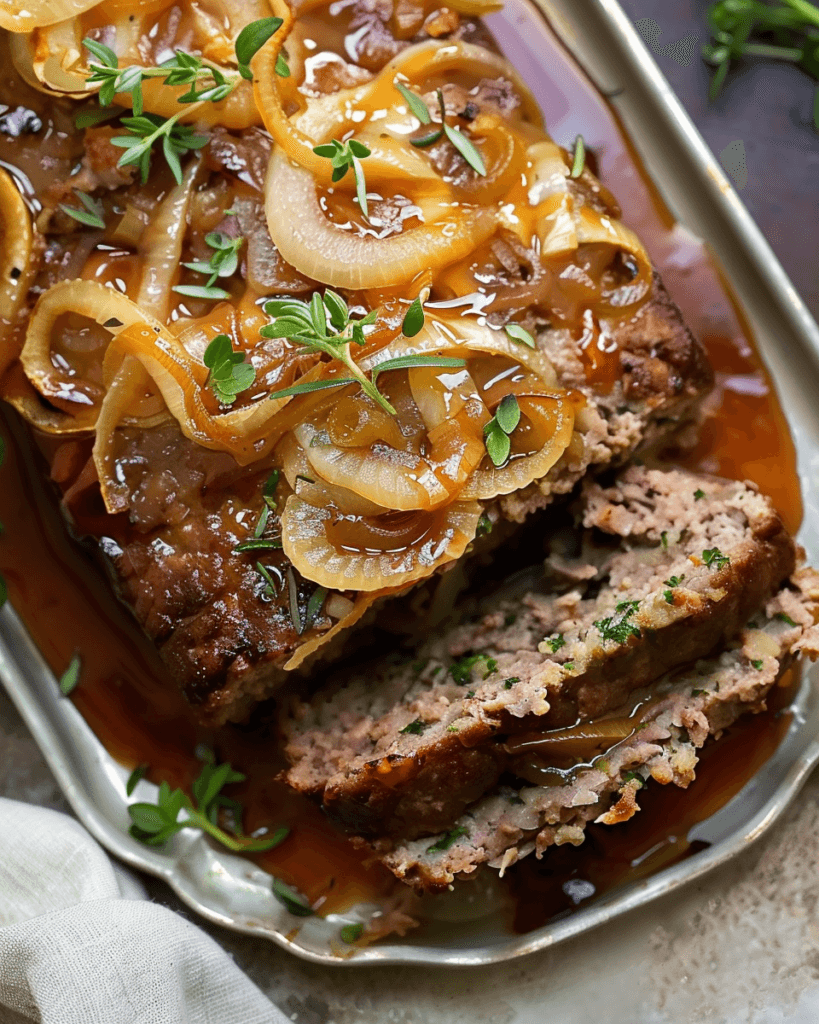 A juicy French onion meatloaf topped with caramelized onions, fresh thyme, and a rich brown gravy, served on a gold-rimmed platter.