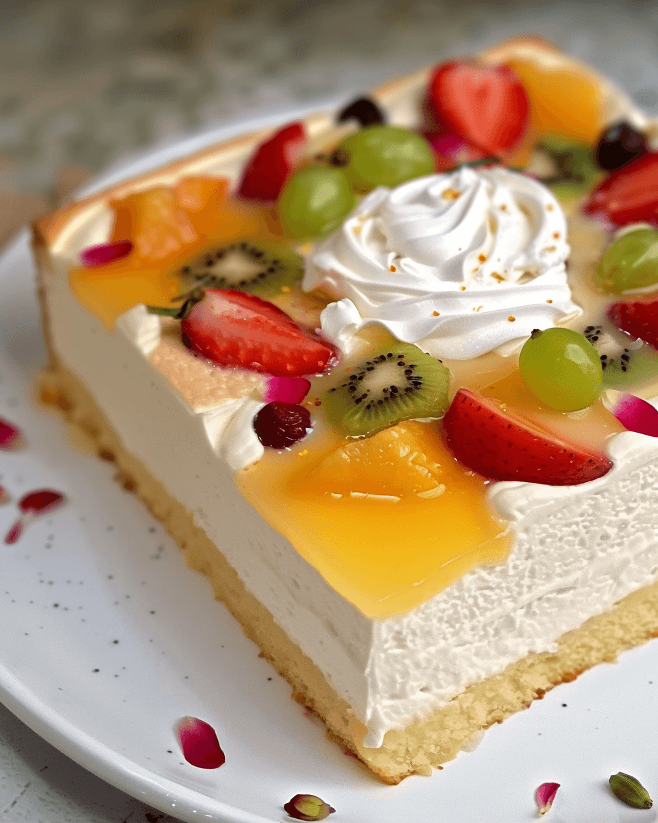 A slice of milk-soaked malai cake topped with whipped cream, fresh fruits like strawberries, kiwi, grapes, and a glossy fruit glaze.