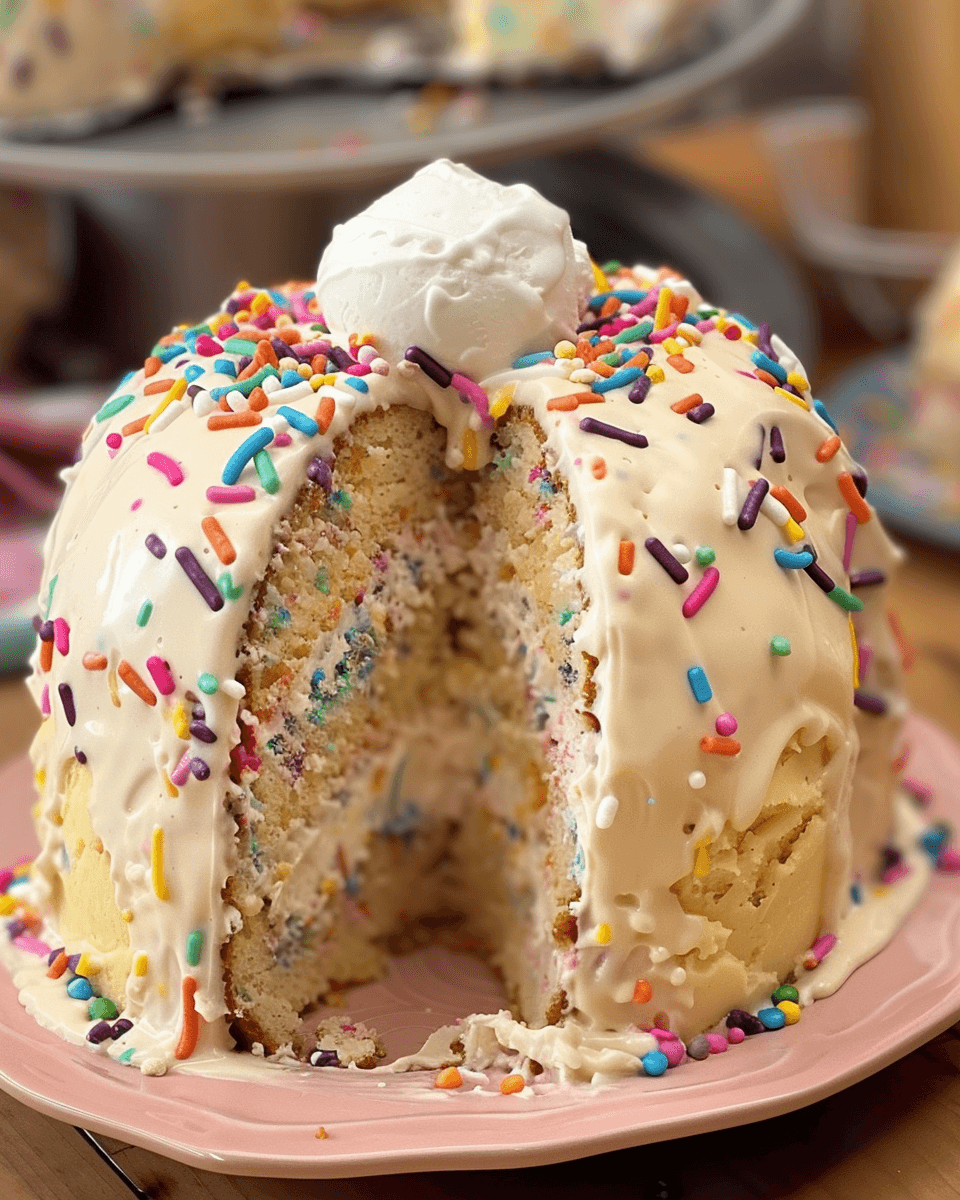 A Funfetti Ice Cream Bundt Cake with colorful sprinkles, a creamy vanilla glaze, and a scoop of ice cream on top, sliced to reveal its festive layers.