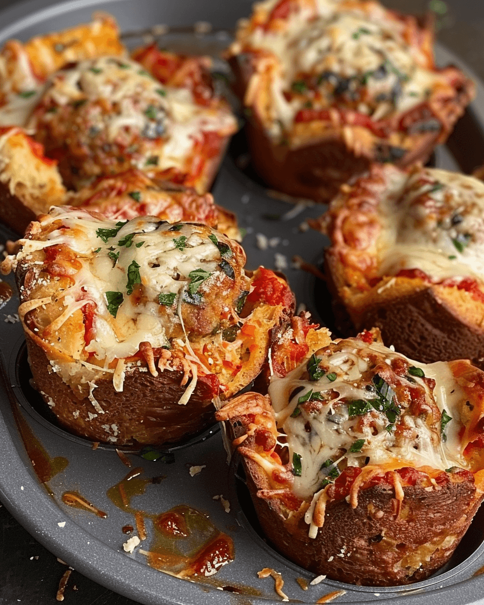 A close-up of garlic bread meatball muffins in a muffin tin, topped with marinara sauce, melted cheese, and fresh herbs.