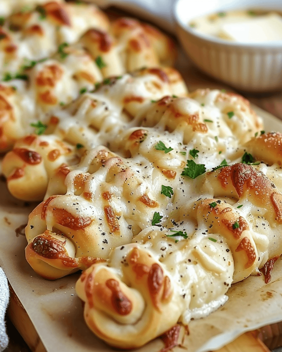 Cheesy garlic butter Alfredo pizza twists, baked to golden perfection and topped with fresh parsley.