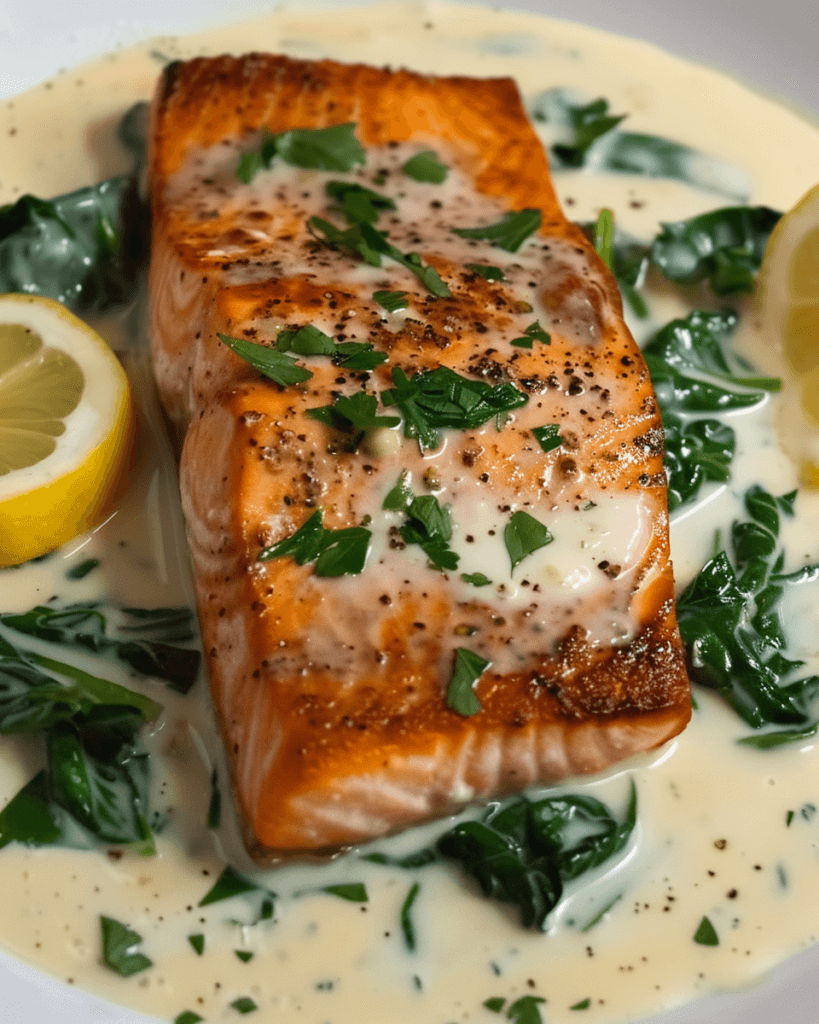 Seared salmon fillet topped with a creamy garlic butter spinach sauce, garnished with fresh herbs and served with lemon wedges.