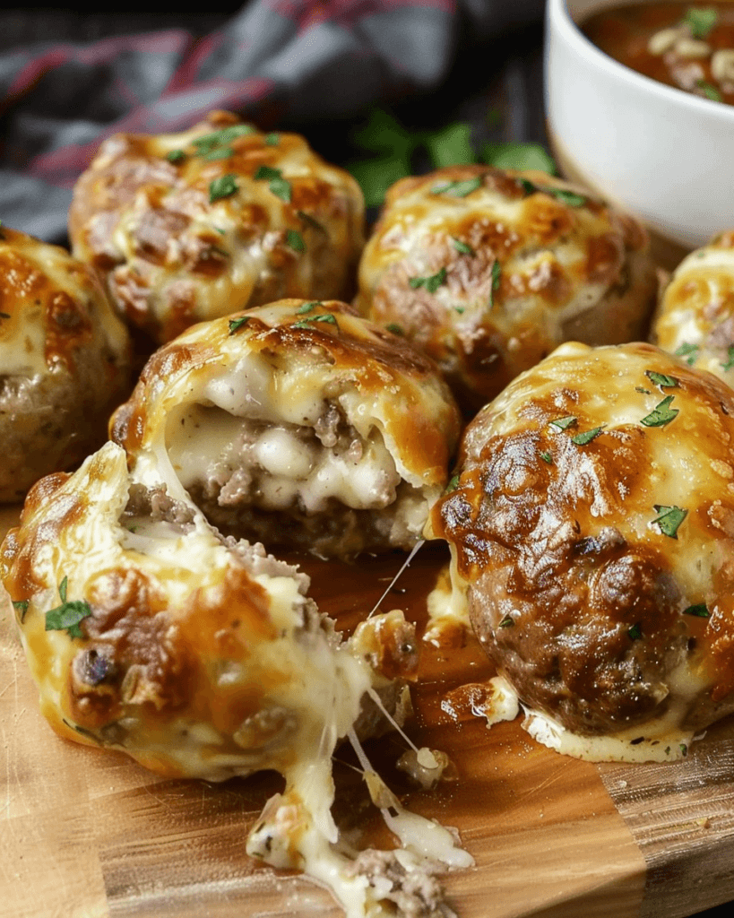 Juicy garlic parmesan cheeseburger bombs filled with melted cheese and seasoned beef, topped with golden-brown cheese and fresh herbs.