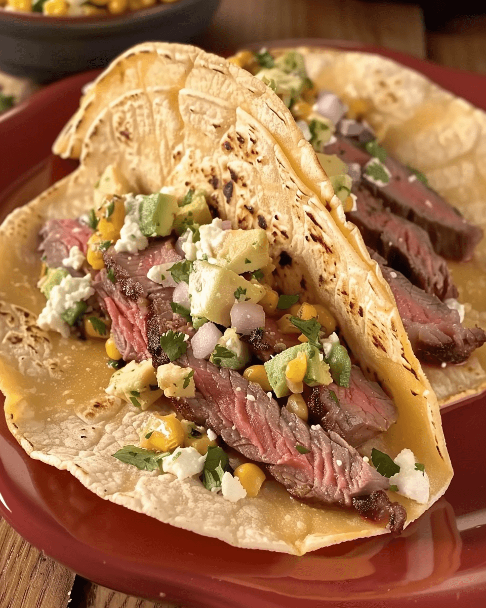 Grilled steak elote tacos with tender ribeye, charred corn, avocado, and crumbled cheese, served on warm corn tortillas.