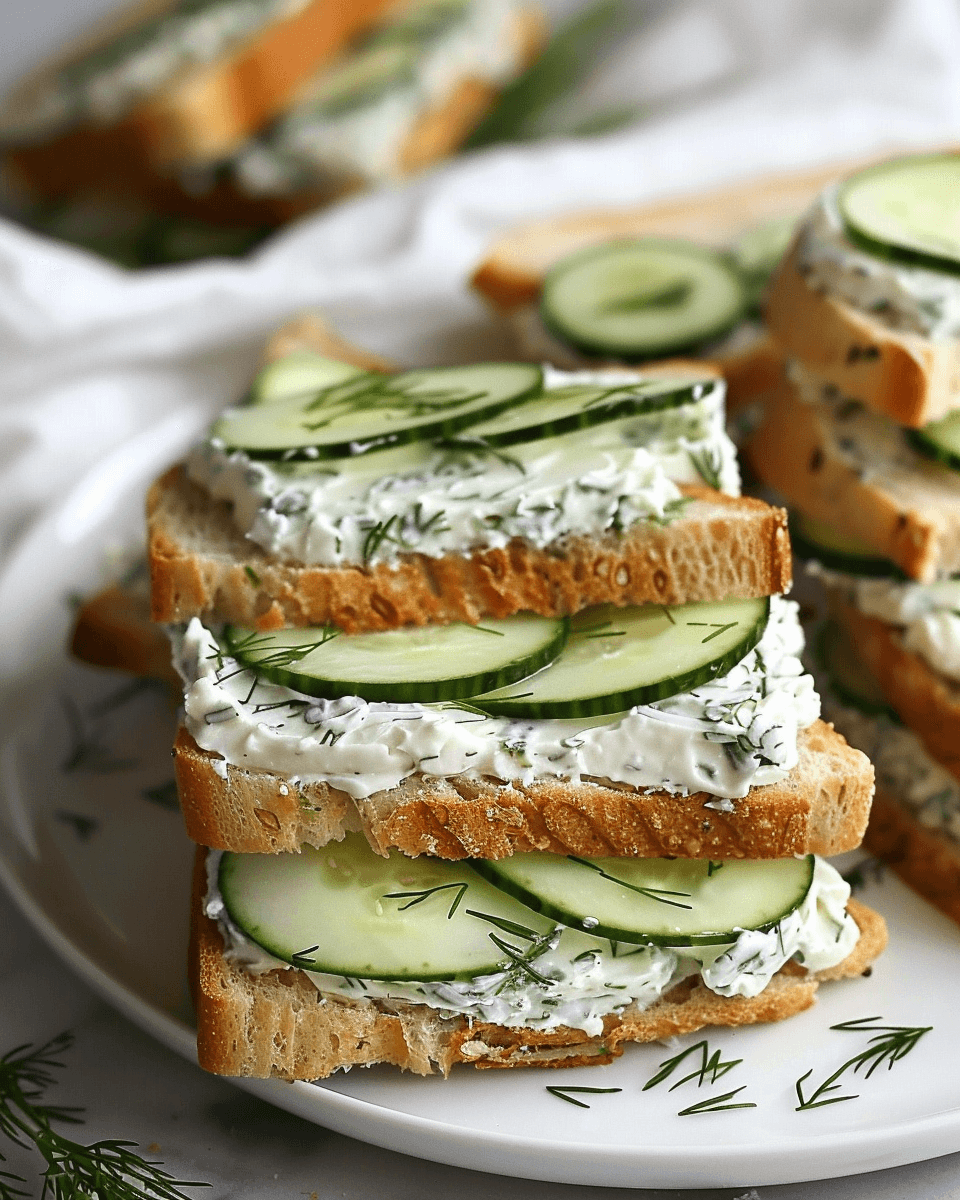 Stacked cucumber tea sandwiches on white bread with creamy herbed spread and fresh dill