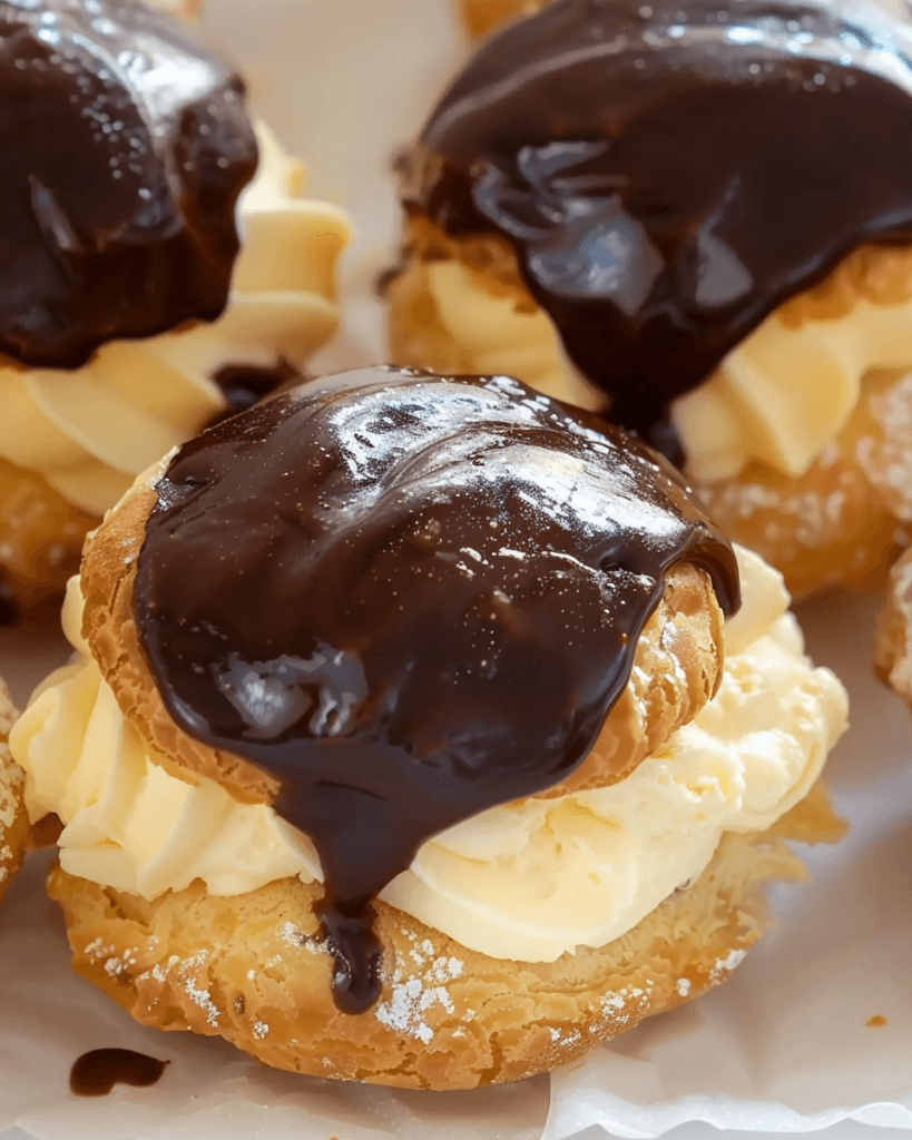 Fluffy Boston Cream Puffs filled with silky vanilla custard, topped with glossy chocolate ganache, and dusted with powdered sugar.